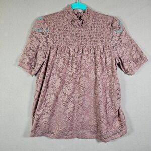 Cable & Gauge Lace‎ Top Smocked High Neck Short Sleeve Blouse S